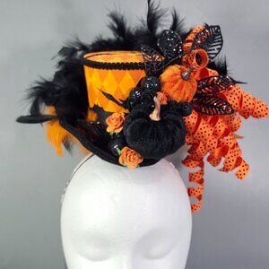 Chiki Bird Halloween Fascinator Top Hat Orange Black Ornate Pumpkins Feathers
